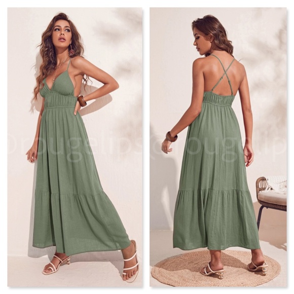 Rouge! Dresses & Skirts - Green Cami V-Neck Backless Criss Cross Straps Maxi Dress